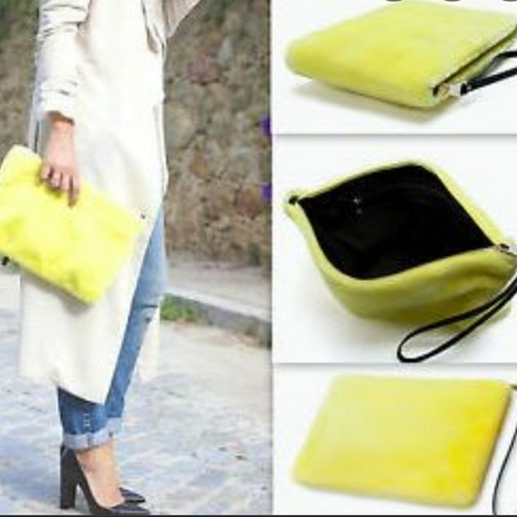 Zara Handbags - Zara Yellow faux fur clutch